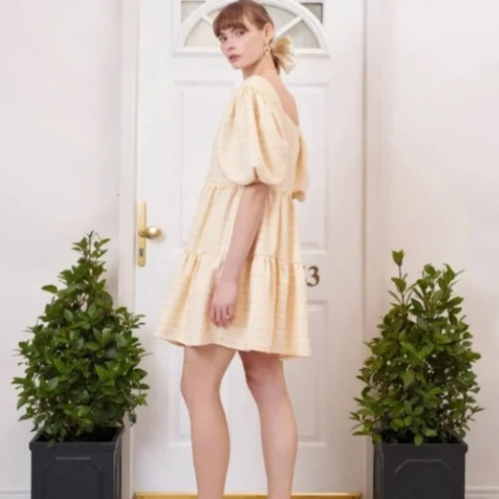 NWOT Sister Jane Tweed Babydoll White Gold Dress With Puffy Sleeves Size Medium